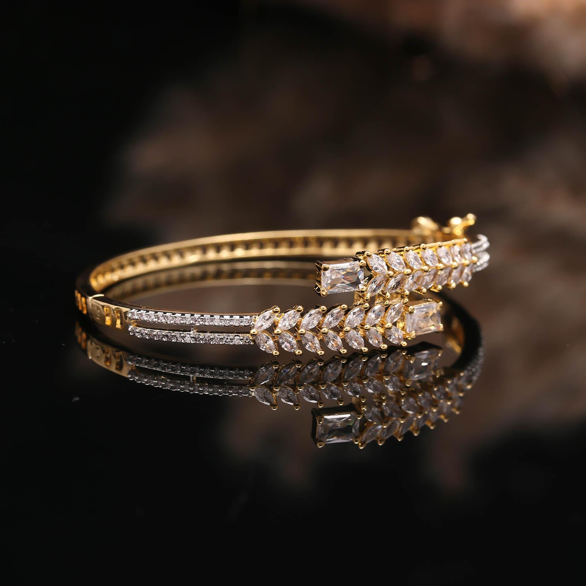 Gold-Plated Leaf Design CZ Stone Bangle for Women | Party & Wedding Wear Bracelet